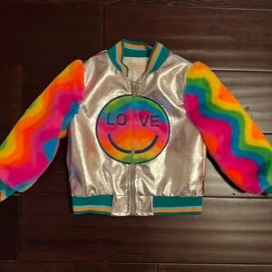 NWT Truly Me Adorable Silver Smiley face love Jacket with rainbow fur!! 😊